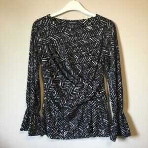 Ellen Tracy Herringbone Tire Track Print Twist Waist Ruffle Cuff Top Blouse XS